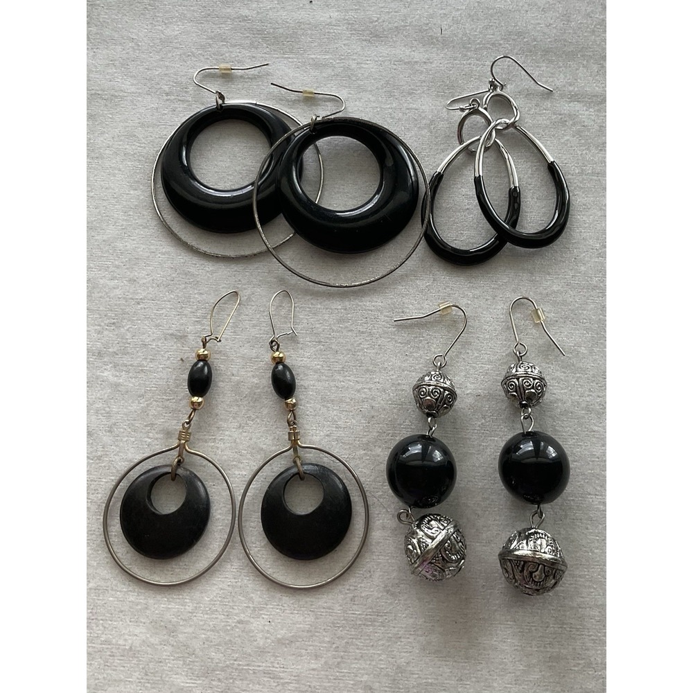 Lot Of 4 Pairs Silver-tone & Black Dangle Drop Earrings Vintage Estate Jewelry